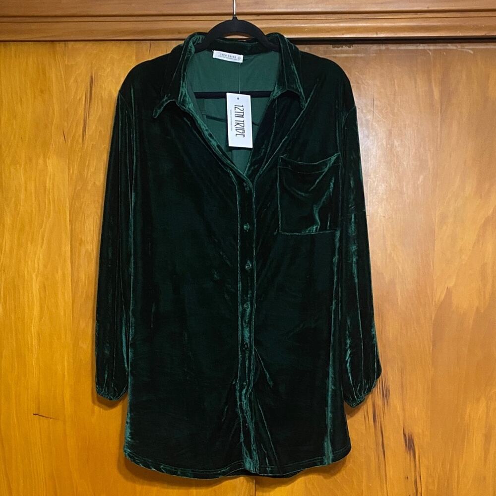 NWT 12th Tribe Deep Green Velvet Button Shirt Poet Sleeve Cuffs Party Maximalism